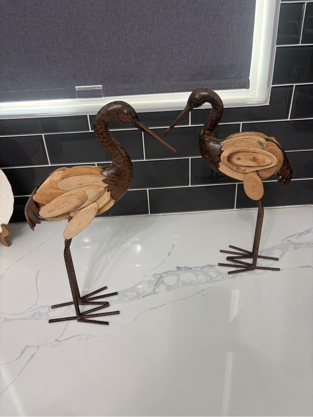 Mid-Century Modern Pair of 2 Vintage Metal & Wood Egrets Sculptures 1950’s
